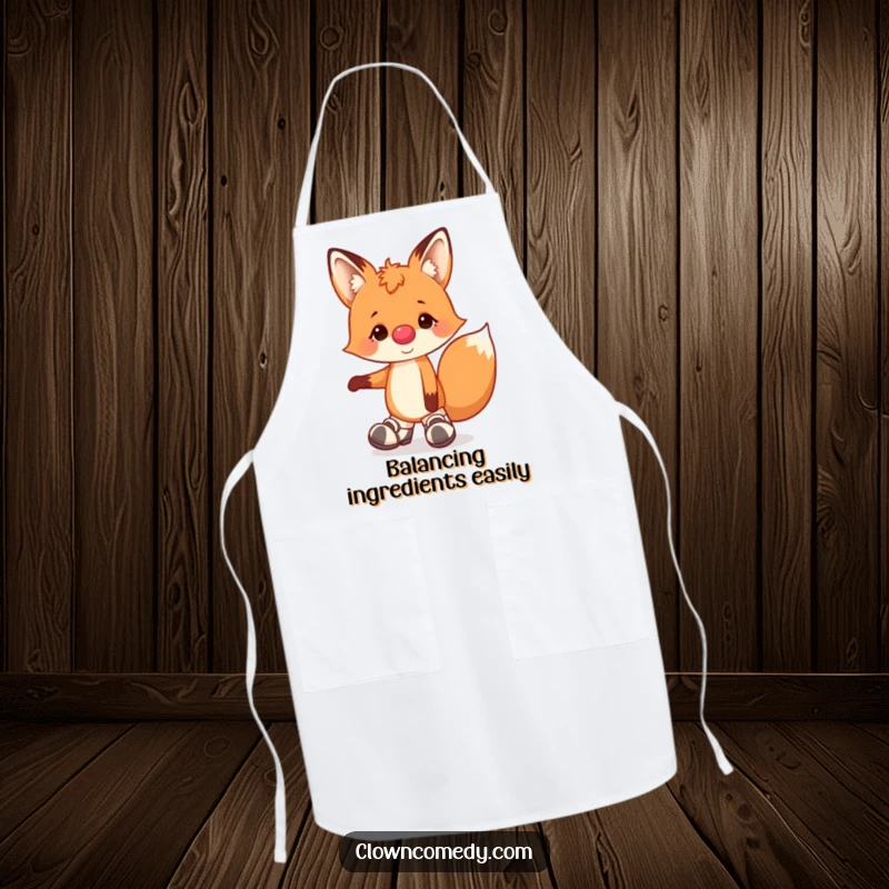 Funny apron with a cheerful fox clown, nose, and floppy shoes, humorously balancing on one paw while protecting kitchen creations.
