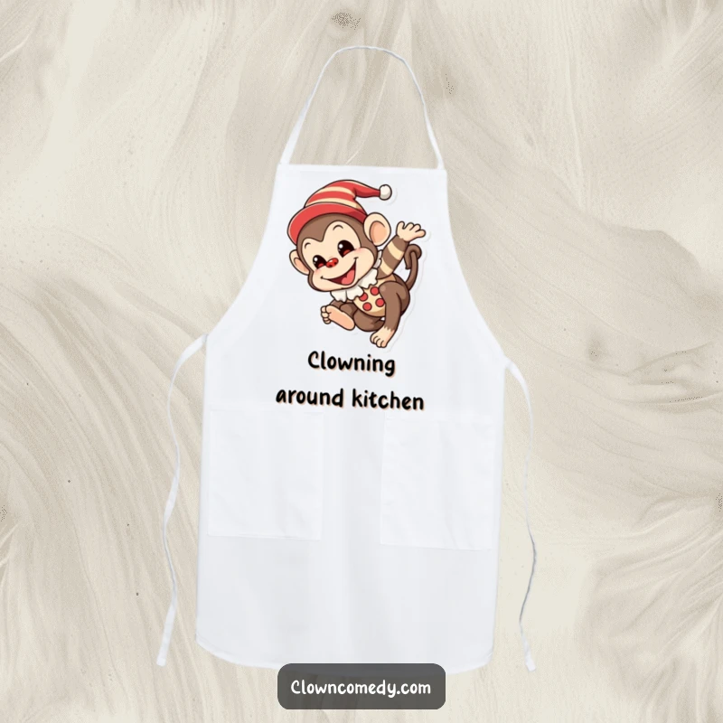 Funny Monkey Clown Apron: A mischievous monkey in a clown outfit with a painted smile, joyfully tumbling, for culinary fun and laughter.