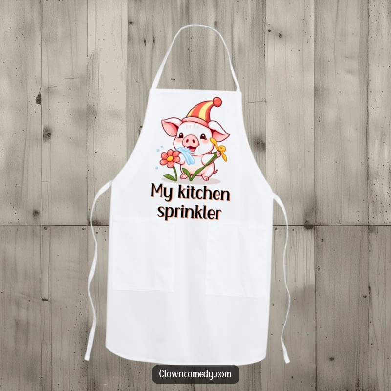 Funny apron featuring a playful piglet in a clown hat, humorously squirting water from a flower, adding playful charm to kitchen tasks.