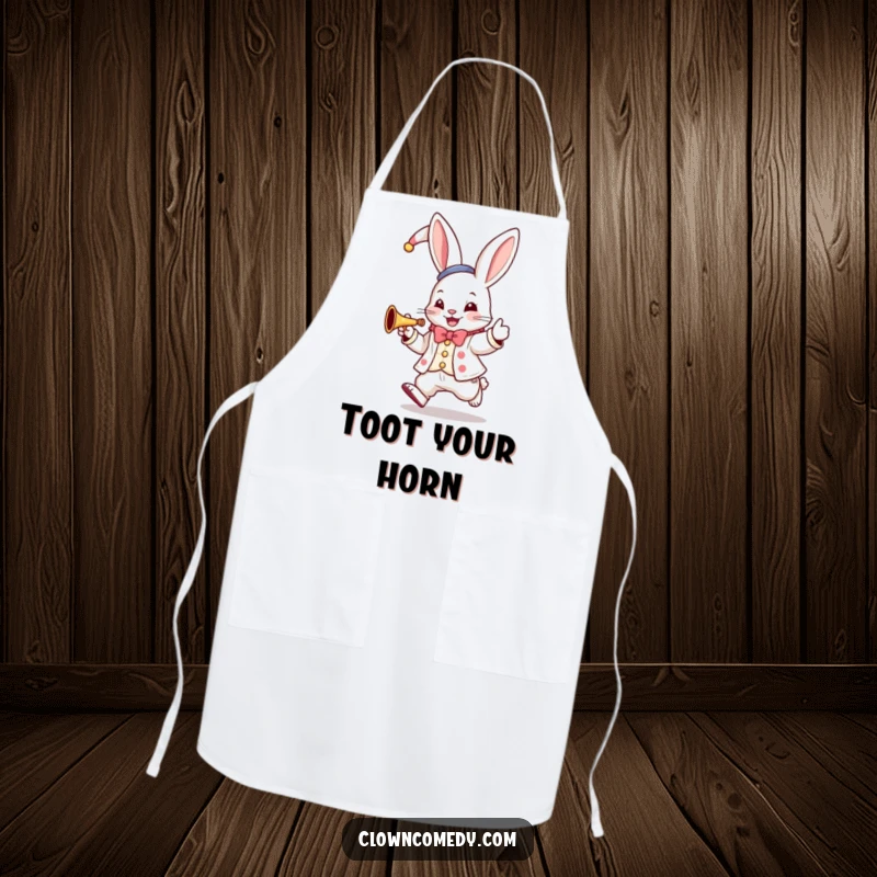 Funny Bunny Clown Apron: A hopping bunny in a clown suit plays a tiny trumpet, for musical kitchen adventures.