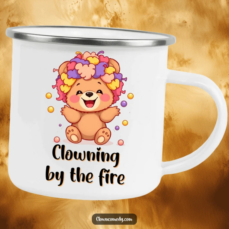 Funny camping mug featuring a giggling bear cub in a clown wig, juggling tiny balls, ready for the outdoors.
