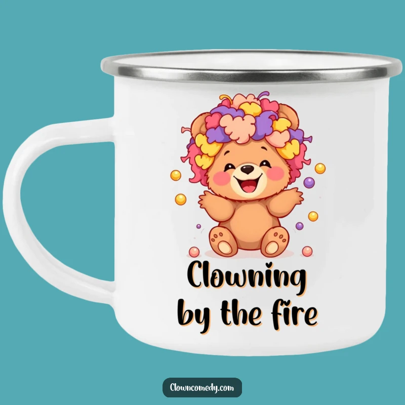 Funny Clown Bear Camping Mug: Giggling Cub Juggling Balls, Outdoor Funny Gift!
