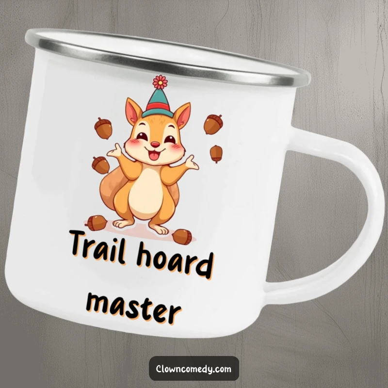 Funny Squirrel Clown Camping Mug: A cheerful squirrel as a clown, playfully juggling acorns, for nutty outdoor adventures.
