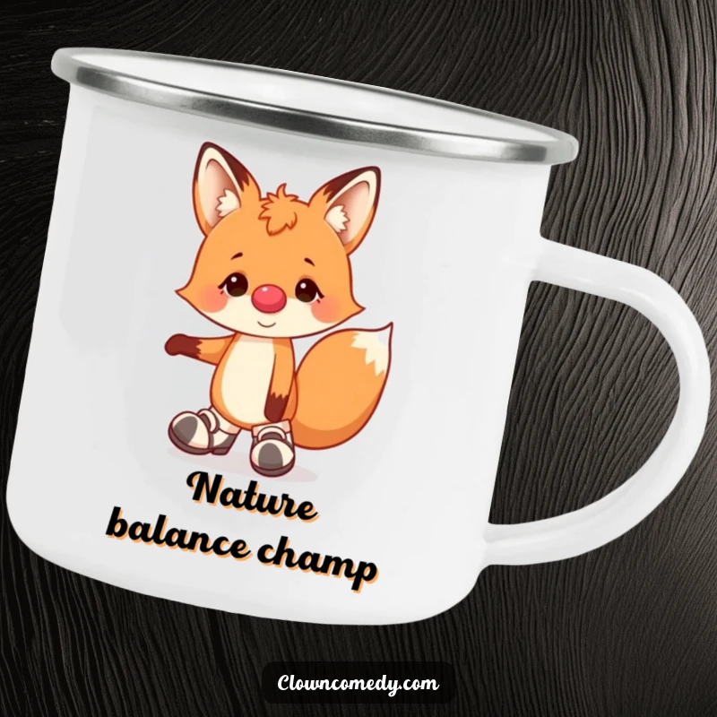 Funny, durable camping mug with a cheerful fox clown, nose, and shoes, humorously balancing on one paw during outdoor escapades.