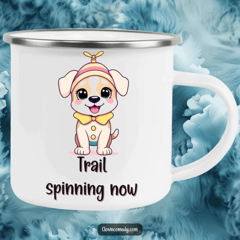 Funny Puppy Clown Camping Mug: A bouncing puppy in a clown outfit with a tiny spinning propellor on its head, for bouncy outdoor adventures.