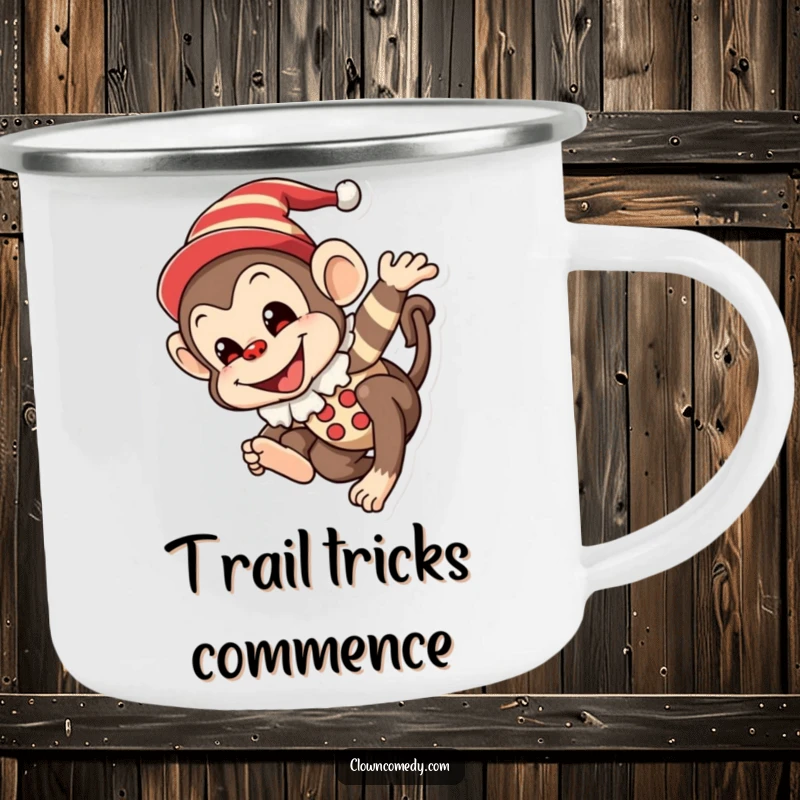 Funny Monkey Clown Camping Mug: A mischievous monkey in a clown outfit with a painted smile, joyfully tumbling, for outdoor adventures and laughs.