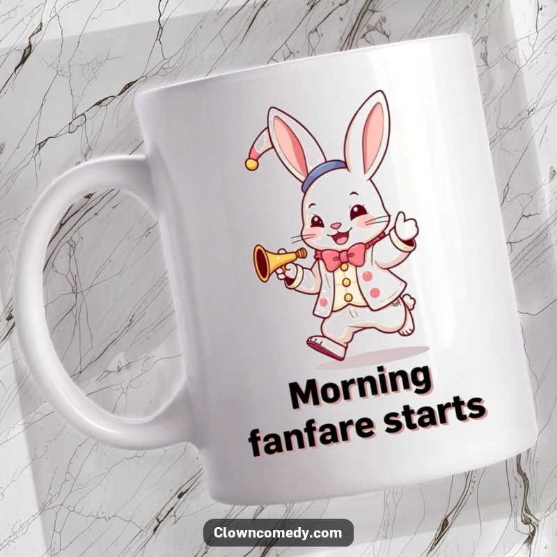 Funny Bunny Clown Mug: A hopping bunny in a clown suit plays a tiny trumpet, bringing musical joy and humor.