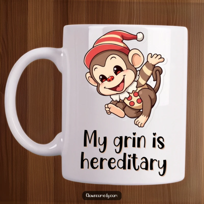 Funny Monkey Clown Mug: A mischievous monkey in a clown outfit with a painted smile, joyfully tumbling, bringing laughter and fun.