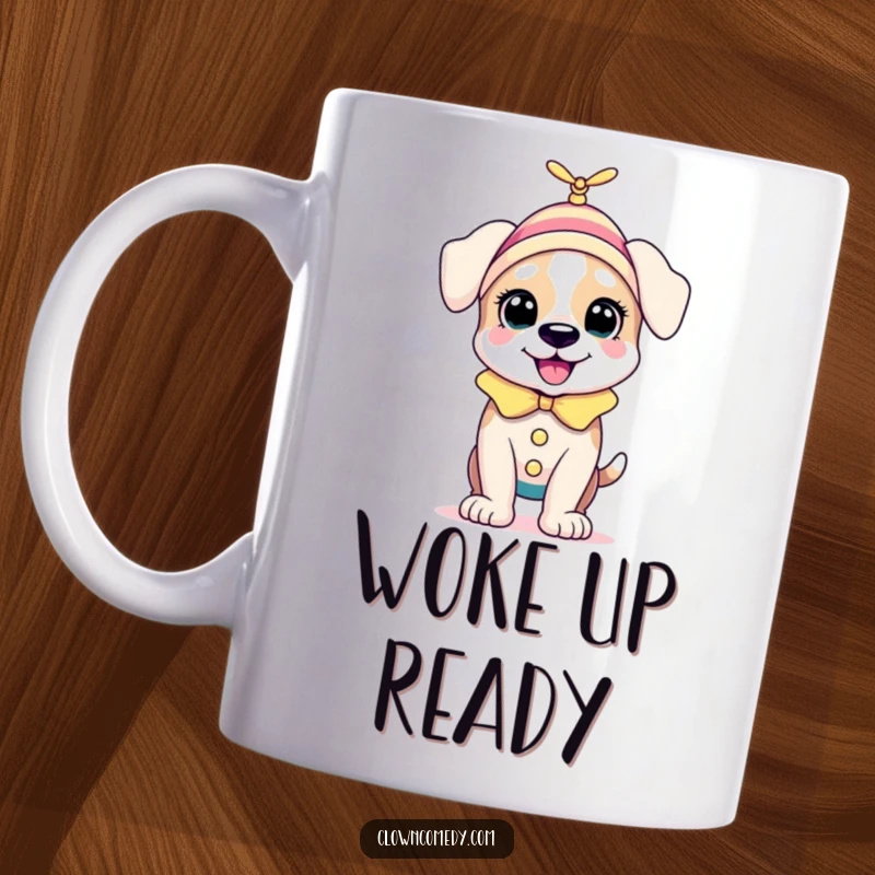 Funny Puppy Clown Mug: A bouncing puppy in a clown outfit with a tiny spinning propellor on its head, brings energetic joy.