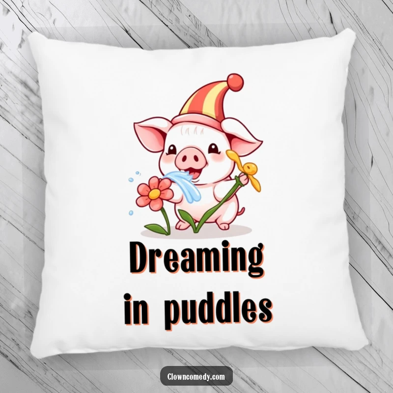 Funny, soft pillow featuring a playful piglet in a clown hat, humorously squirting water from a flower, offering cozy, cute comfort.