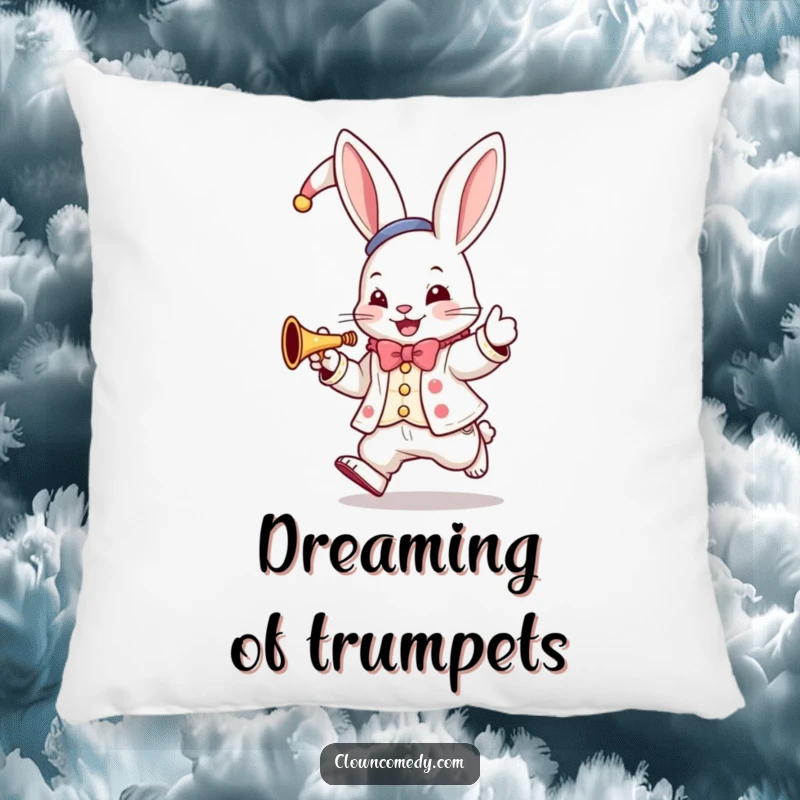 Funny Bunny Clown Pillow: A hopping bunny in a clown suit plays a tiny trumpet, plush comfort with a musical theme.