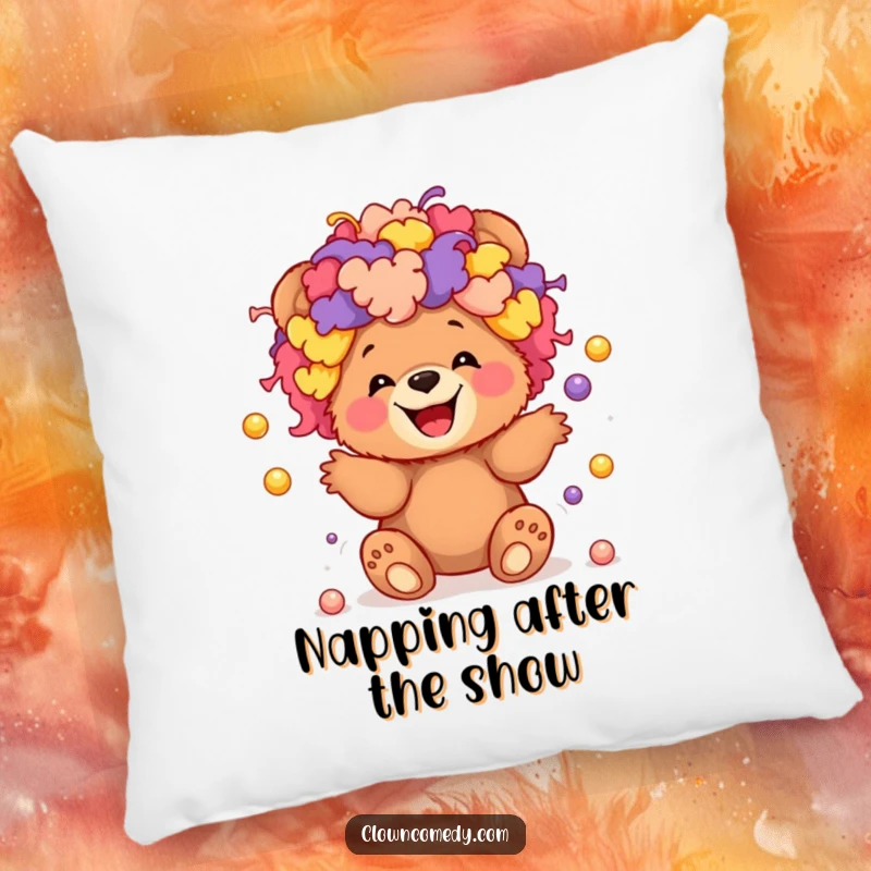 Funny pillow featuring a giggling bear cub in a colorful clown wig, juggling tiny balls, perfect for a cozy nap.