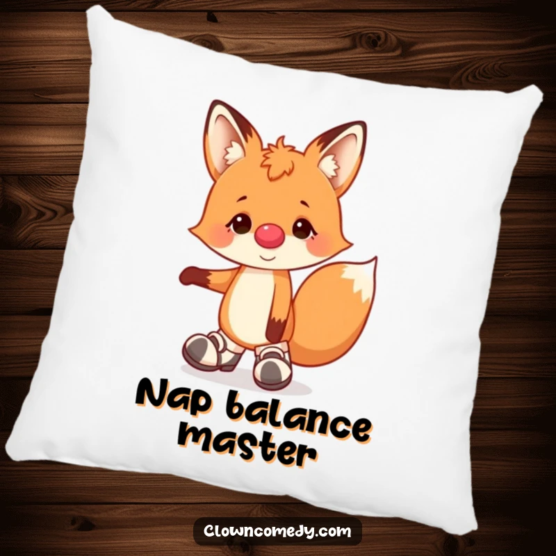 Funny, soft pillow featuring a happy fox clown with a nose and big shoes, demonstrating a comical one-paw balance for ultimate comfort.