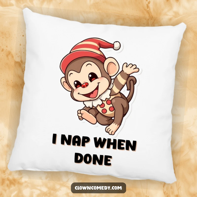 Funny Monkey Clown Pillow: A mischievous monkey in a clown outfit with a painted smile, joyfully tumbling, plush comfort and humorous decor.