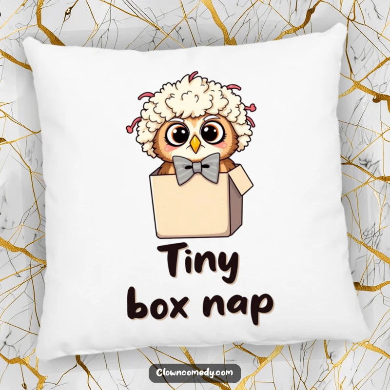 Funny Owl Clown Pillow: A surprised owl in a clown wig and oversized bowtie peeking from a tiny box, plush comfort and humor.