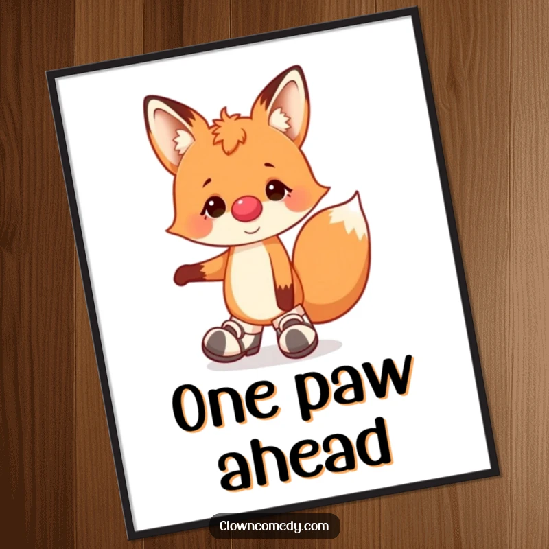 Funny digital art print of a cheerful fox clown, nose, and floppy shoes, humorously balancing on one paw, perfect for instant wall art.