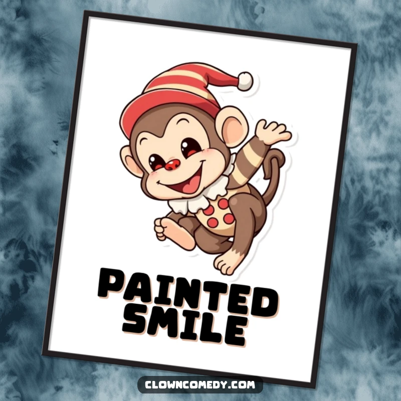 Funny Monkey Clown Digital Art Print: A mischievous monkey in a clown outfit with a painted smile, joyfully tumbling, for instant festive decor.