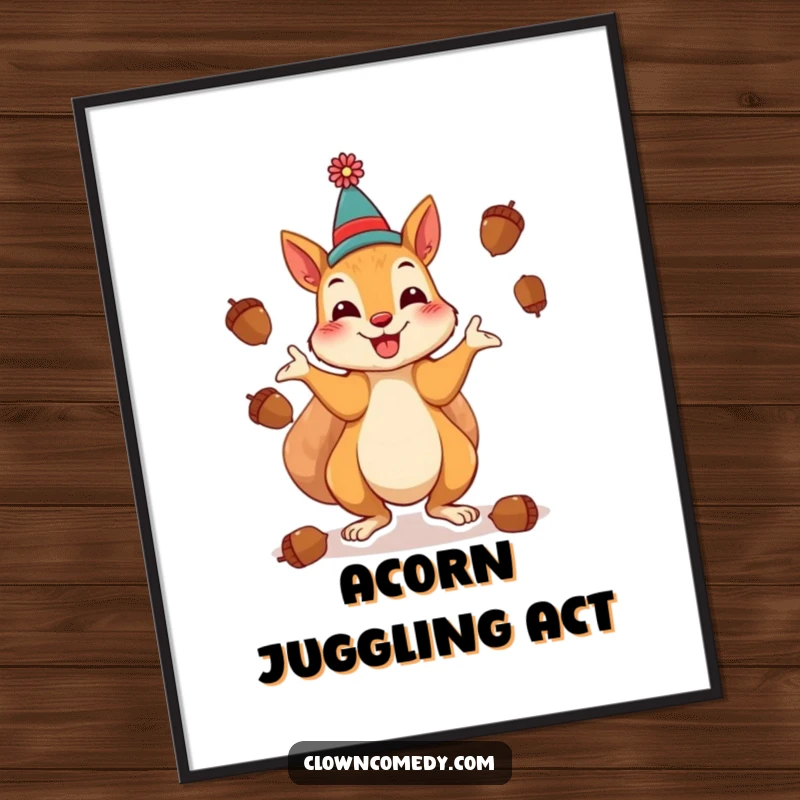 Funny Squirrel Clown Digital Art Print: A cheerful squirrel as a clown, playfully juggling acorns, for instant whimsical decor.
