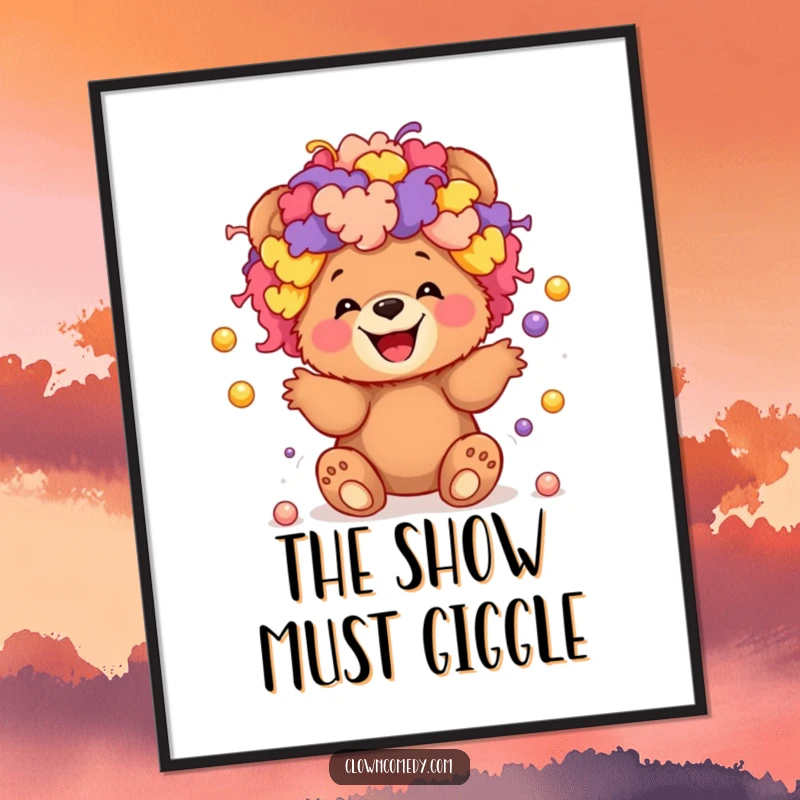 Funny digital art print of a giggling bear cub in a colorful clown wig, juggling tiny balls with delight.