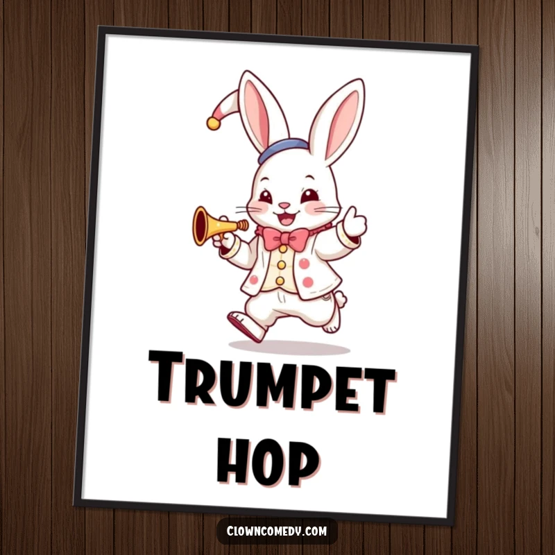 Funny Bunny Clown Digital Art Print: A hopping bunny in a clown suit plays a tiny trumpet, for instant musical decor.