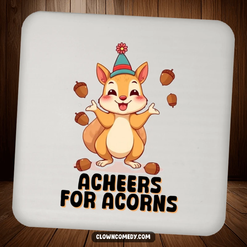 Funny Squirrel Clown Coaster: A cheerful squirrel as a clown, playfully juggling acorns, adds nutty charm to drinks.