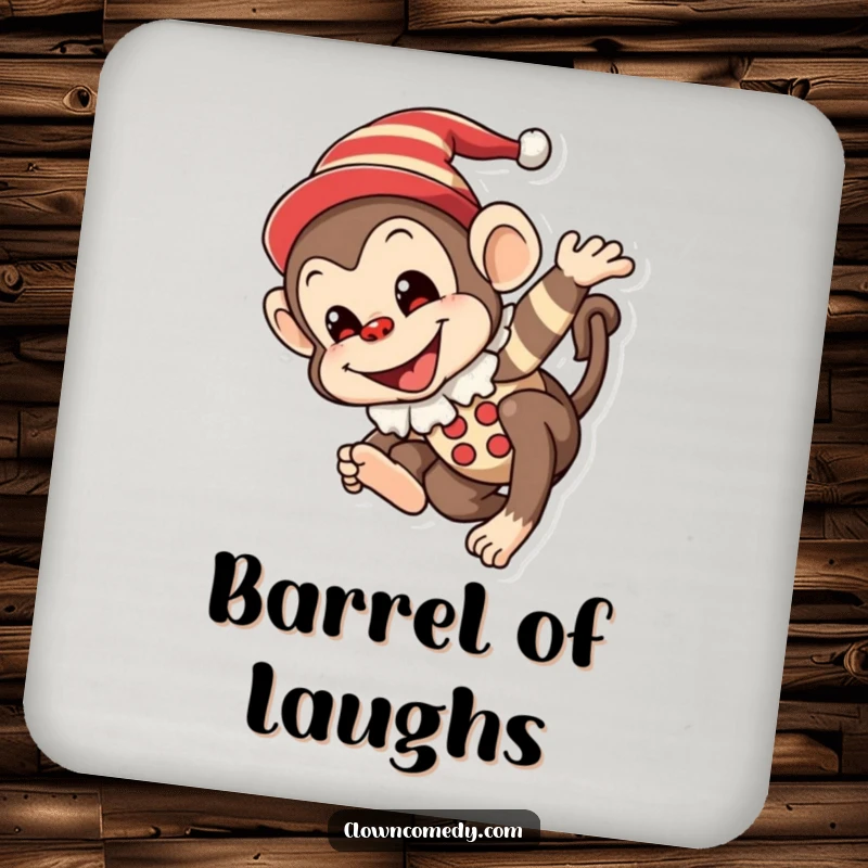 Funny Monkey Clown Coaster: A mischievous monkey in a clown outfit with a painted smile, joyfully tumbling, adds humor to drink service.