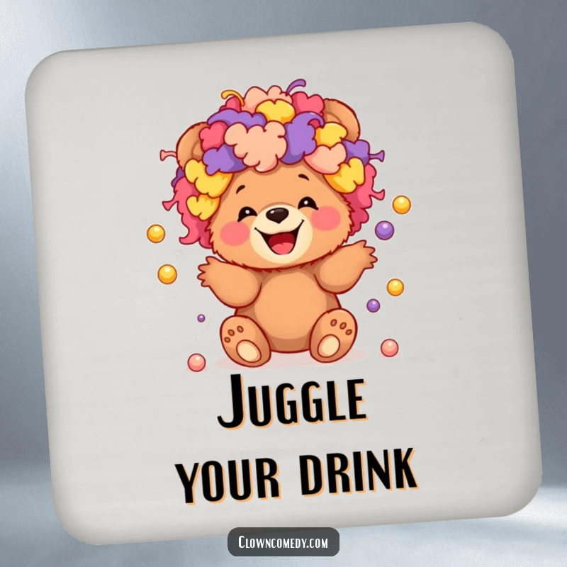 Funny drink coaster depicting a giggling bear cub in a clown wig, juggling tiny balls, adding circus fun.