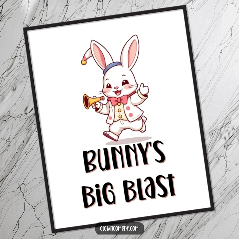 Funny Bunny Clown Poster: A hopping bunny in a clown suit plays a tiny trumpet, whimsical and musical wall art.