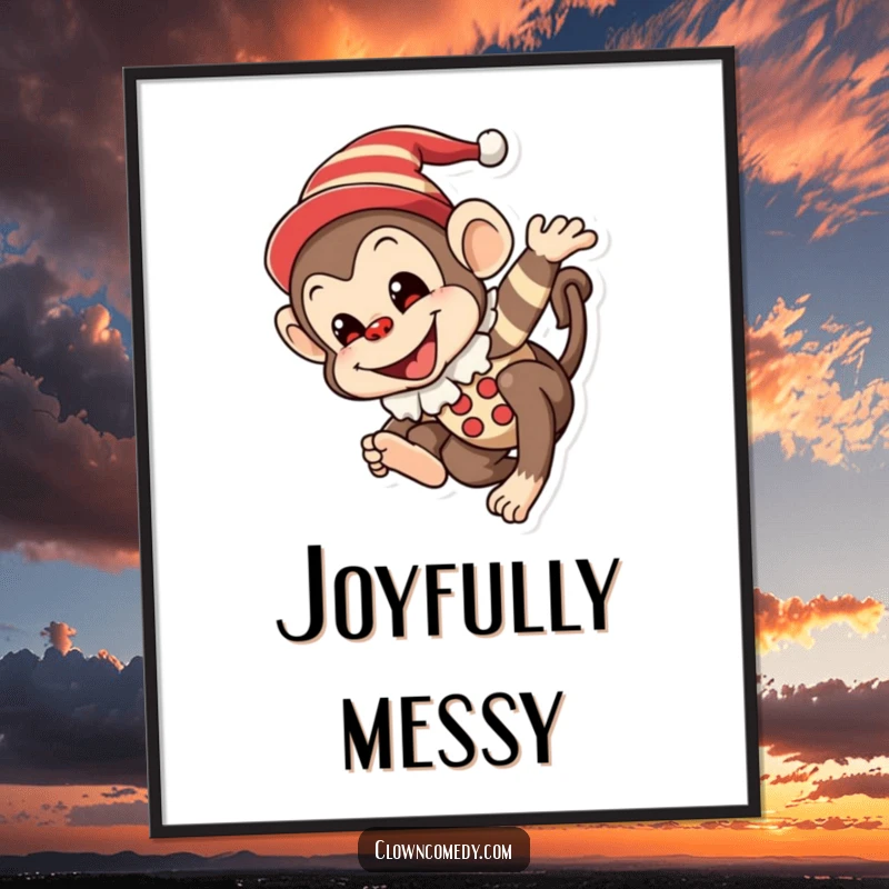 Funny Monkey Clown Poster: A mischievous monkey in a clown outfit with a painted smile, joyfully tumbling, vibrant wall art for amusement.