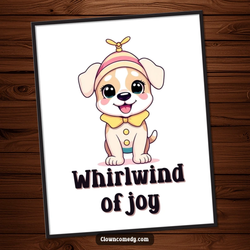 Funny Puppy Clown Poster: A bouncing puppy in a clown outfit with a tiny spinning propellor on its head, energetic and playful wall art.