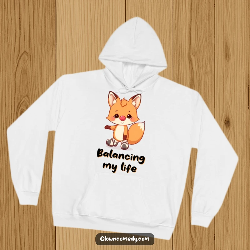 Funny hoodie showcasing a happy fox clown with a nose and big shoes, balancing on one paw, offering warm, humorous comfort.