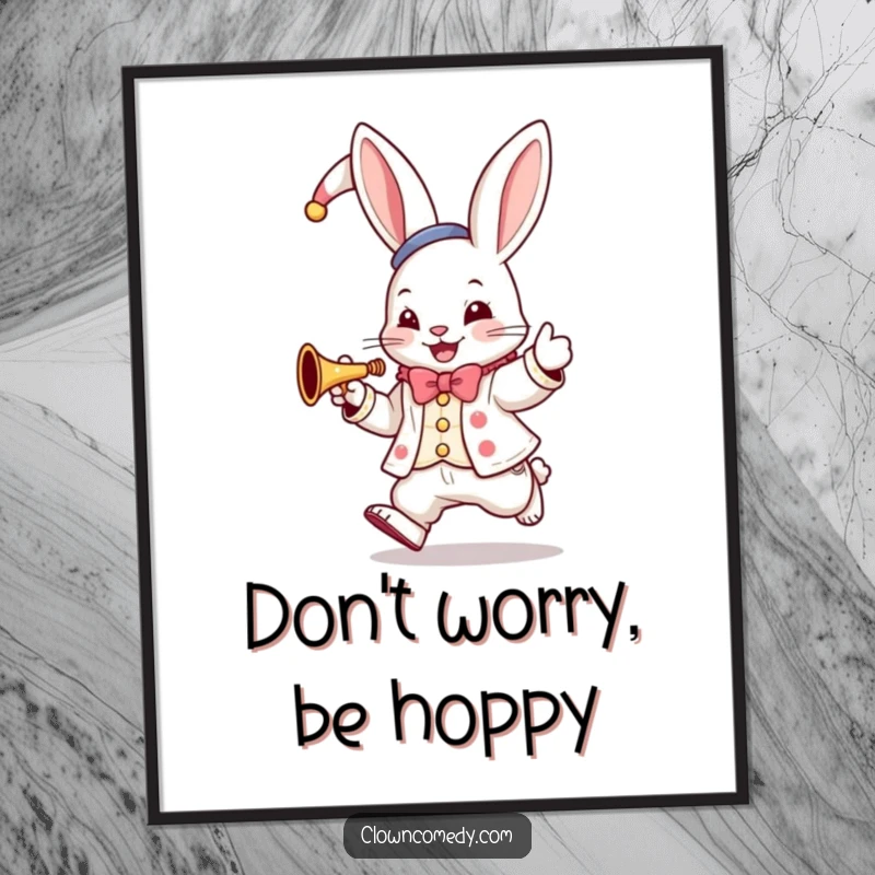 Funny Free Printable Bunny Clown Wall Art featuring a hopping bunny in a clown suit playing a tiny trumpet with enthusiasm.