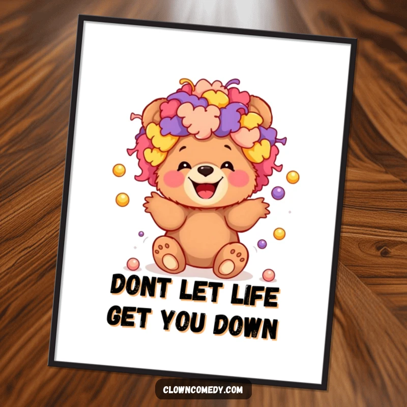 Funny Free Printable Wall Art: Giggling bear cub in an oversized clown wig juggling tiny balls, whimsical downloadable decor.