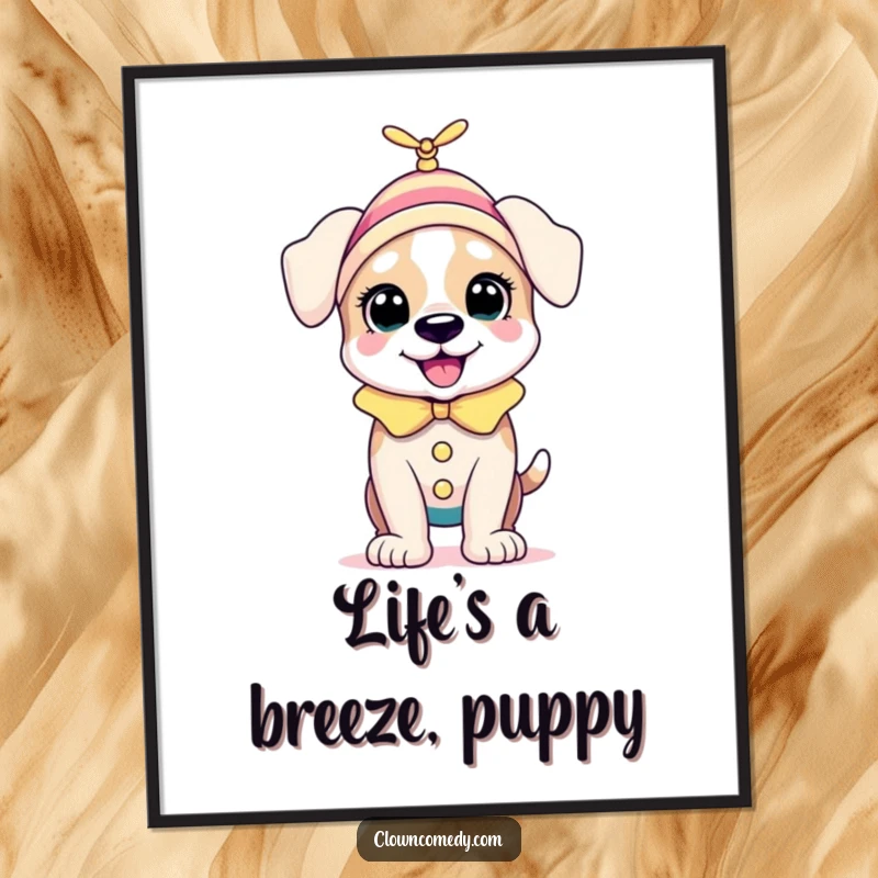 Funny Free Printable Puppy Clown Wall Art featuring a bouncing puppy in a clown outfit with a tiny spinning propeller on its head.