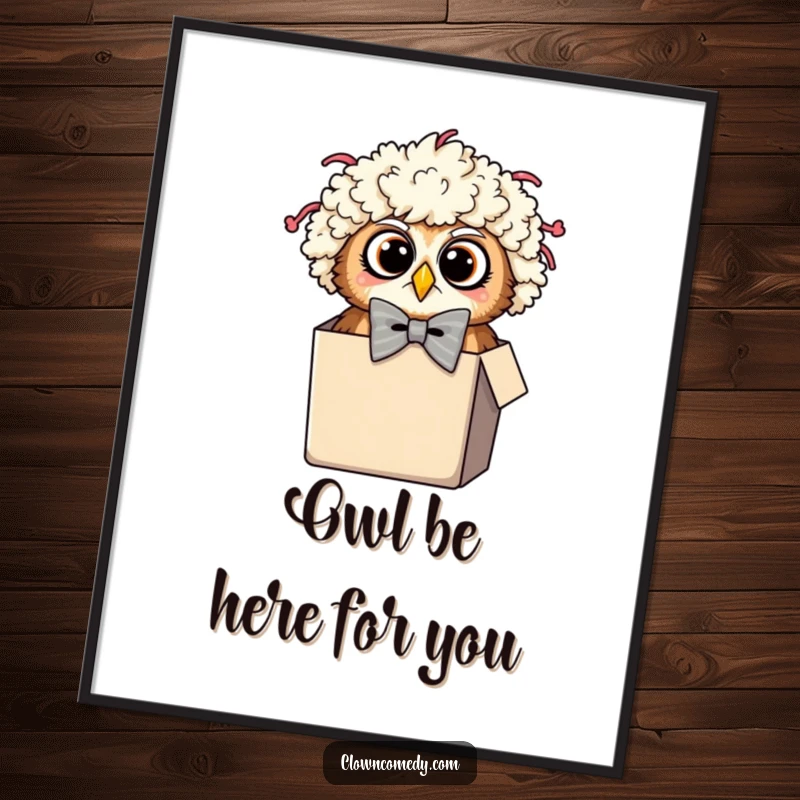 Funny Free Printable Owl Clown Wall Art featuring a surprised owl in a clown wig and oversized bowtie peeking from a tiny box.