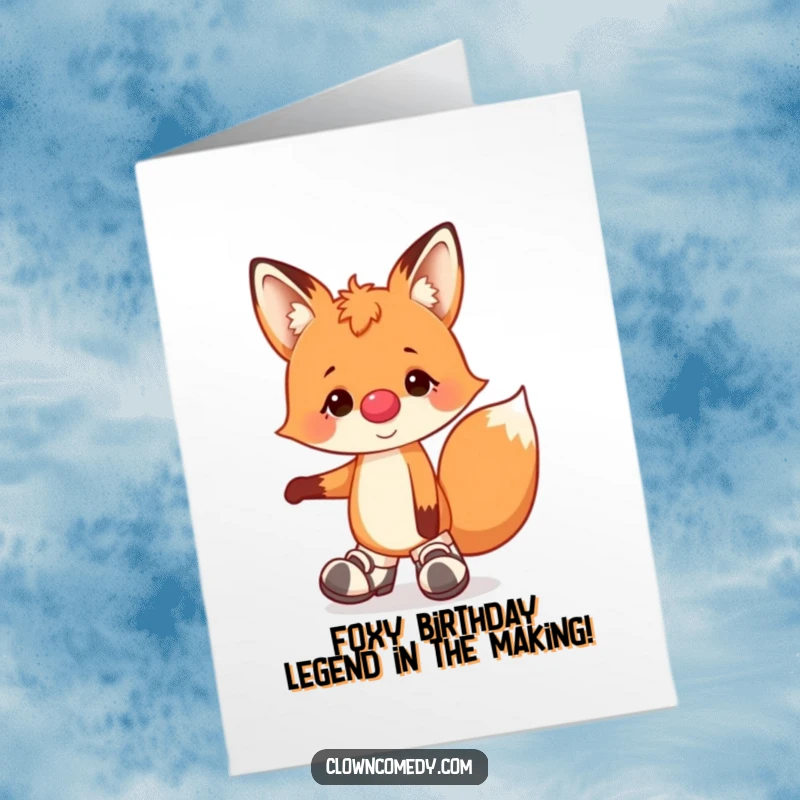 Funny Free Printable Birthday Card featuring a cheerful fox clown balancing on one paw in floppy shoes.