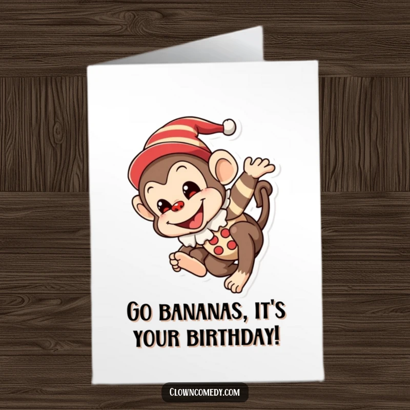 Funny Free Printable Monkey Clown Birthday Card featuring a mischievous monkey in a clown outfit tumbling joyfully with a painted smile.