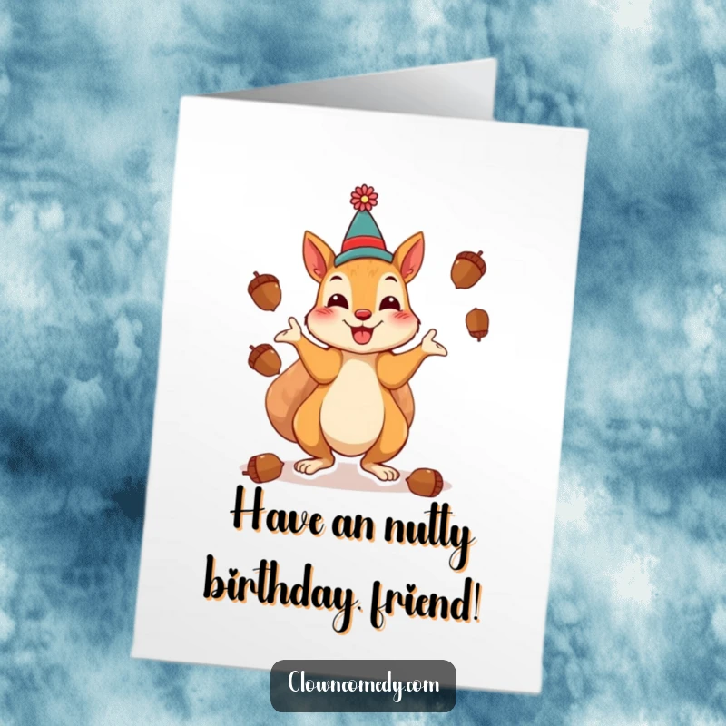 Funny Free Printable Squirrel Clown Birthday Card: a cheerful squirrel clown playfully juggling acorns with a smile.
