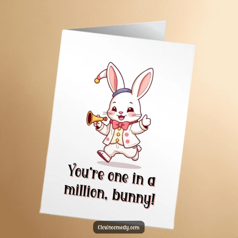 Funny Free Printable Bunny Clown Congratulations Card showing a hopping bunny in a clown suit playing a tiny trumpet.