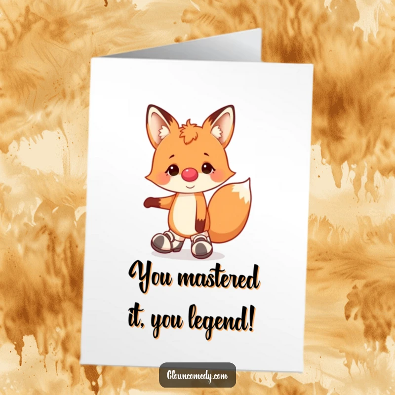Funny Free Printable Congratulations Card: A delighted fox clown performing a balancing act in oversized shoes.