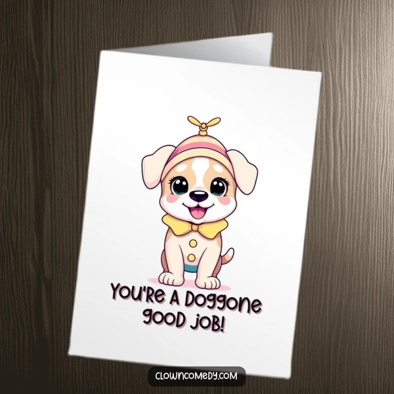 Funny Free Printable Puppy Clown Congratulations Card showing a bouncing puppy in a clown outfit with a tiny spinning propeller on its head.