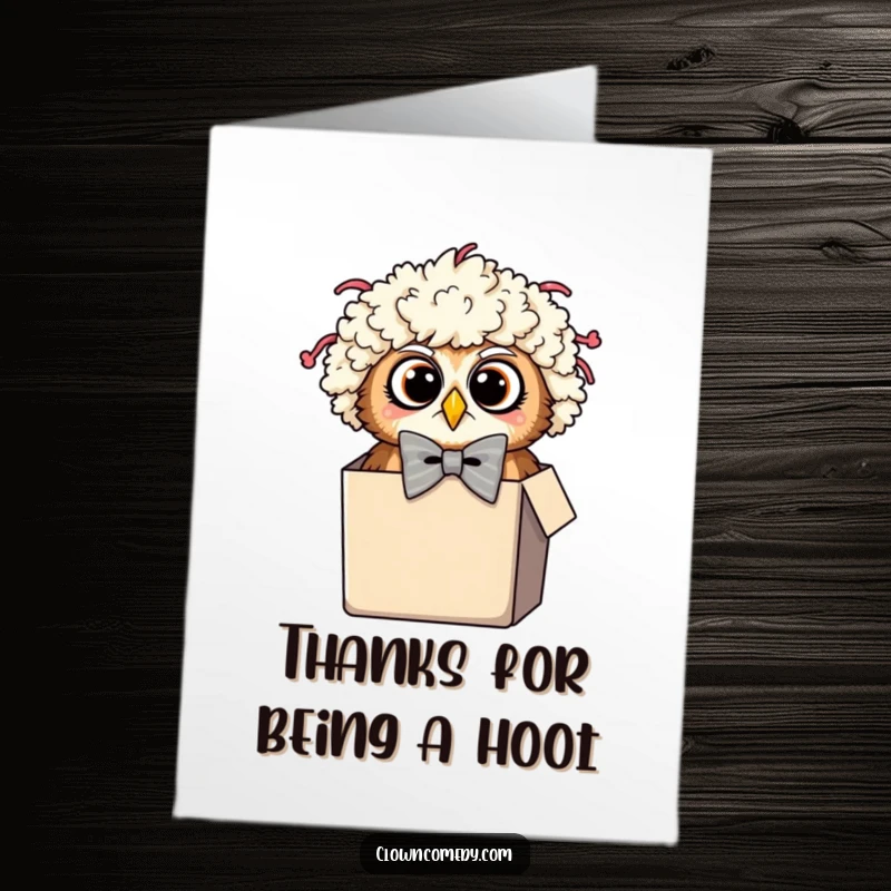 Funny Free Printable Owl Clown Thank You Card: a surprised owl in a clown wig peeking from a box, offering thanks.