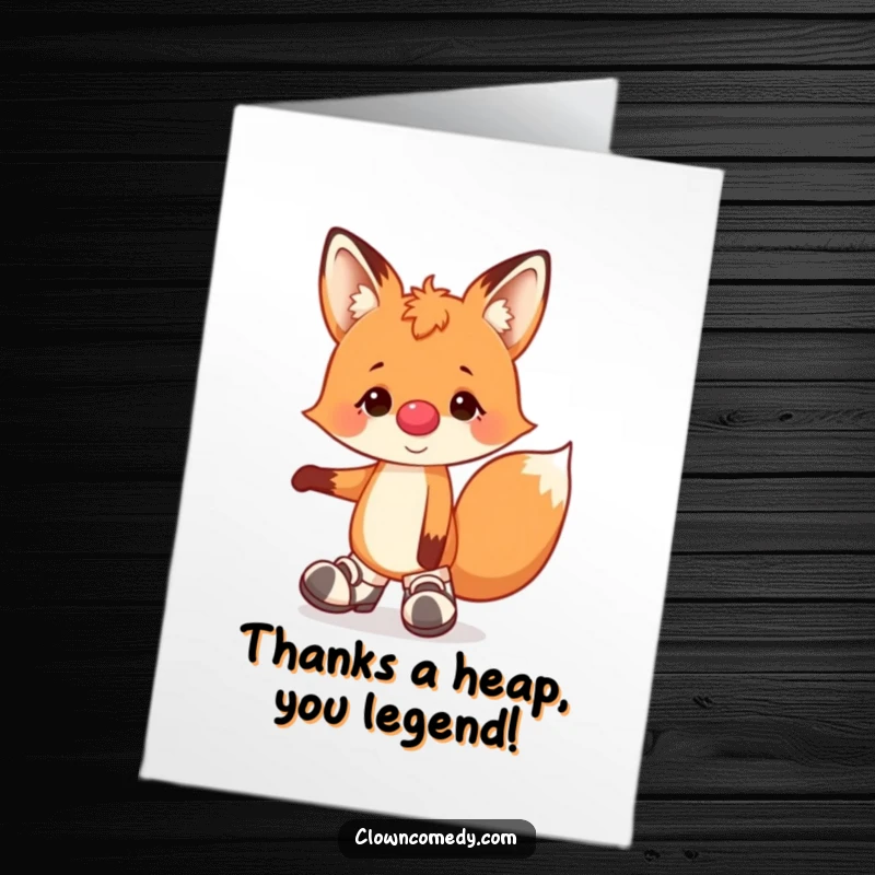 Funny Free Printable Thank You Card: A quirky fox clown in big shoes offering thanks with a smile.