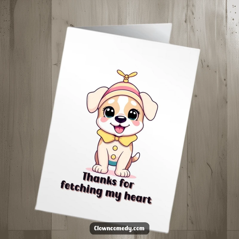 Funny Free Printable Puppy Clown Thank You Card: a bouncing puppy in a clown outfit with a spinning propeller, expressing thanks.