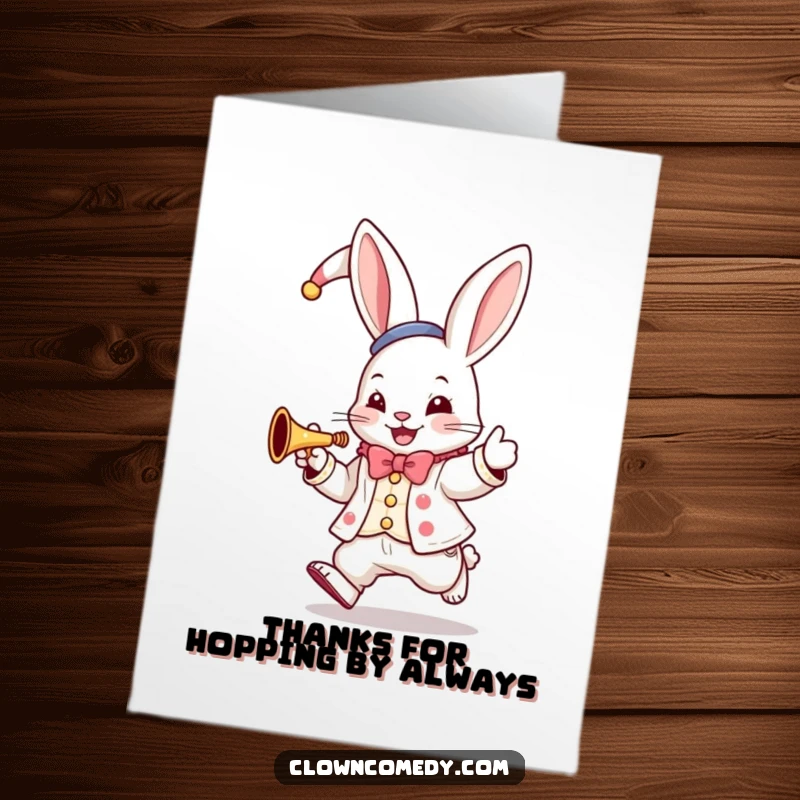 Funny Free Printable Bunny Clown Thank You Card: a hopping bunny in a clown suit plays a tiny trumpet to say thanks.