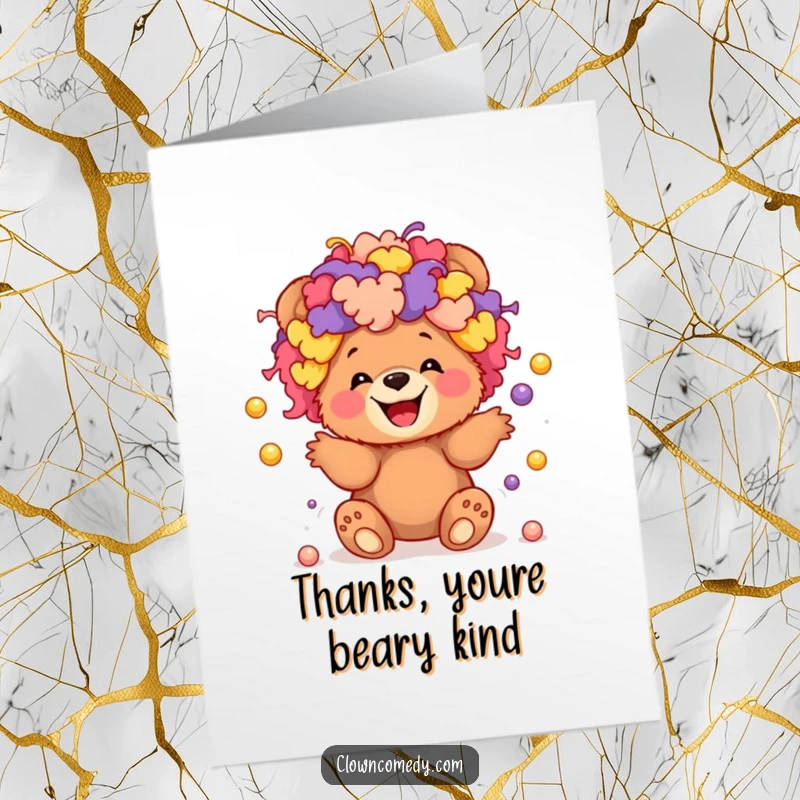 Funny Free Printable Thank You Card: Giggling bear cub in a colorful clown wig juggling balls, a fun downloadable gift.