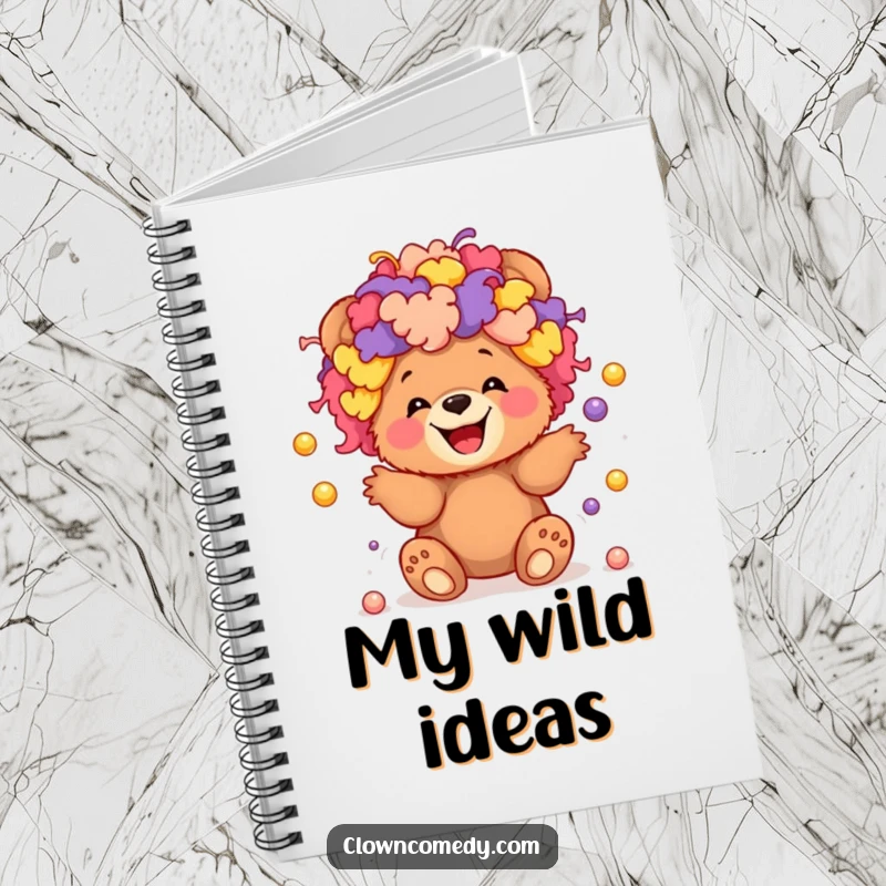 Funny notebook with a giggling bear cub in a clown wig, juggling tiny balls, ideal for writing fun thoughts.