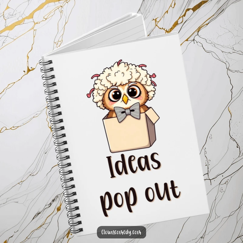 Funny Owl Clown Notebook: A surprised owl in a clown wig and oversized bowtie peeking from a tiny box, for jotting surprising ideas.