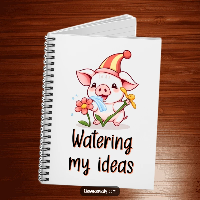 Funny notebook with a playful piglet in a clown hat, humorously squirting water from a flower, perfect for jotting down fun ideas.