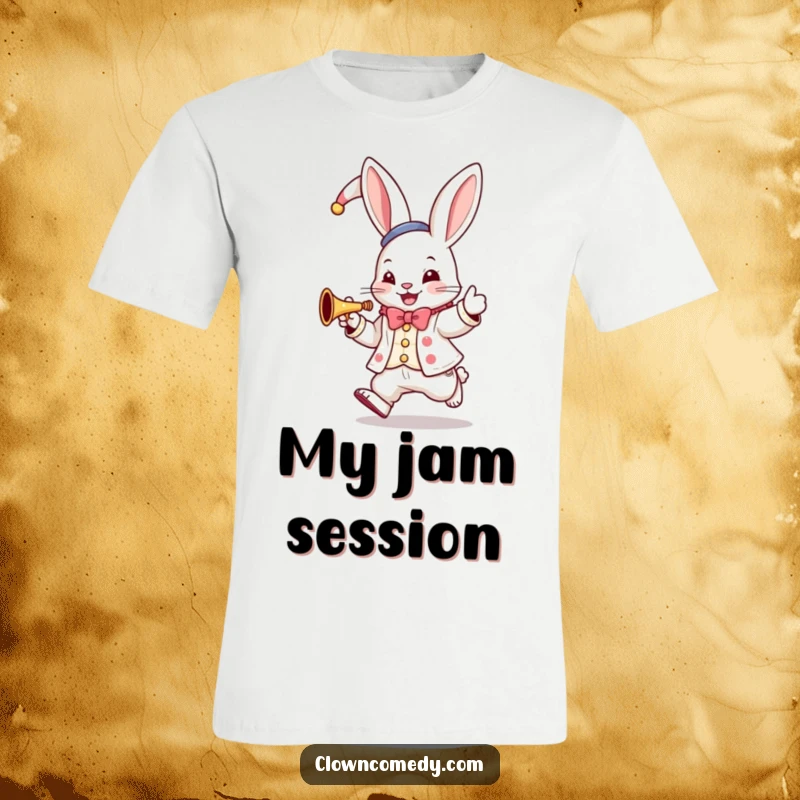 Funny Bunny Clown T-Shirt: A hopping bunny in a clown suit plays a tiny trumpet, a wearable celebration of fun.